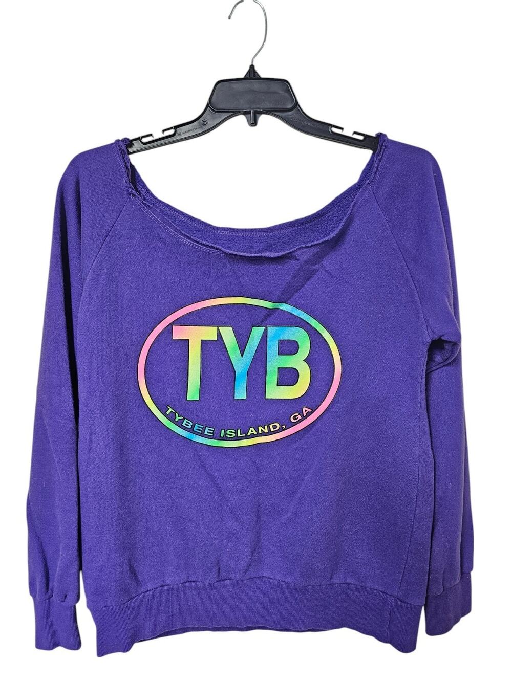 Y2K 90s Tybee Island Ga Sweatshirt Sz XL Purple Rainbow Wide Neck Preppy Grunge